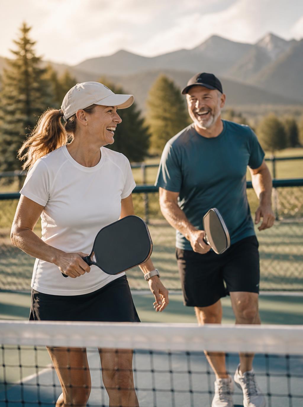 Active couple enjoying pickleball together outdoors
