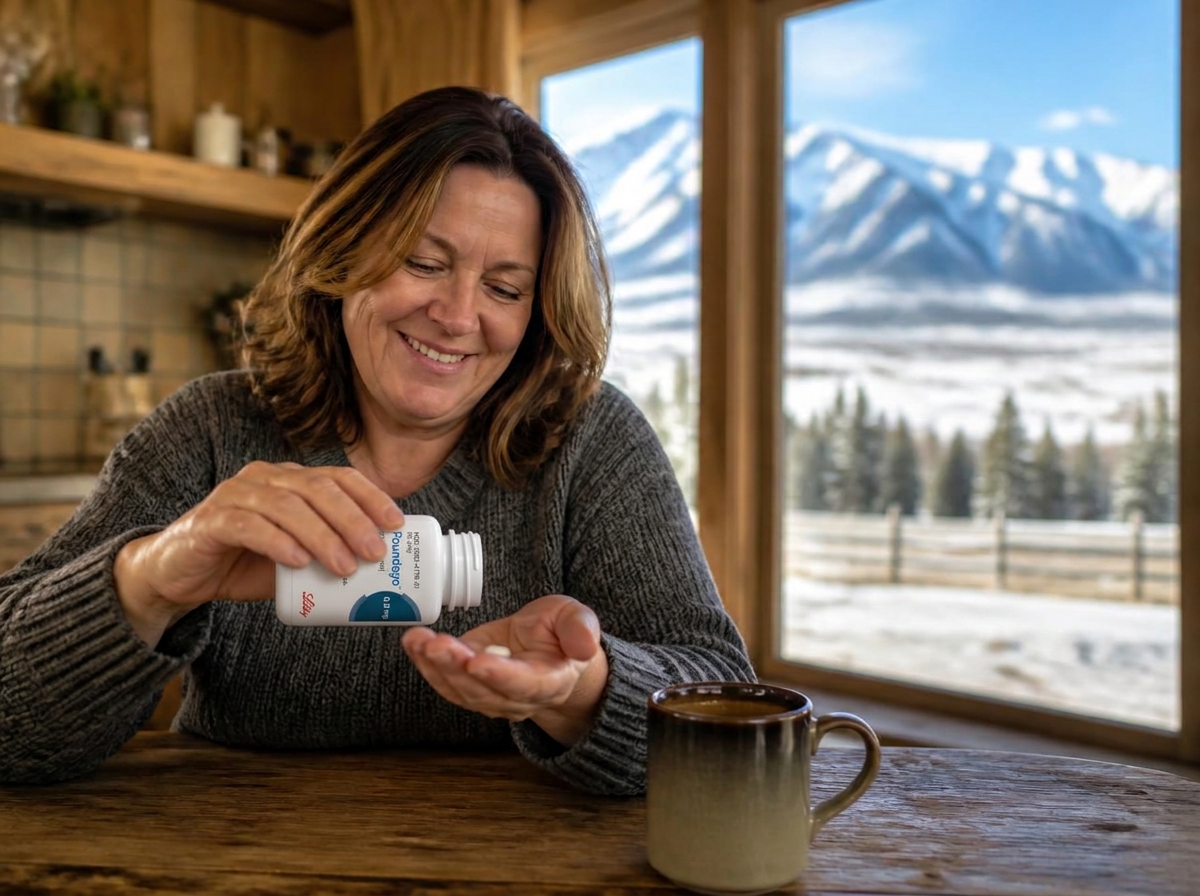 Montana woman smiling as she takes her daily weight-management tablet at her kitchen table
